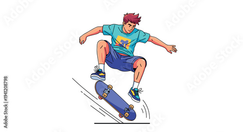 A cartoon illustration shows a young man performing a skateboard trick mid-air wearing a t-shirt and shorts against a clean white background, Generative AI.