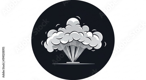 Grey cloud icon exploding with smoke on black background symbolizing growth and technology