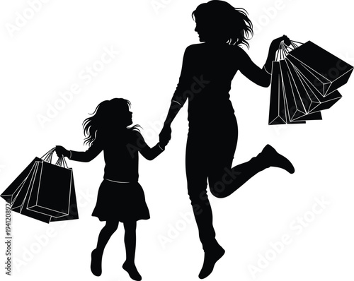 Shopping silhouette illustration of adult and child with bags, joyful outing, family activity, retail lifestyle vector art – flavector