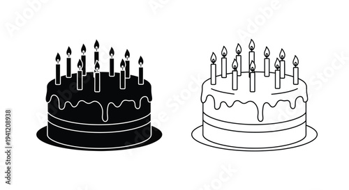 Two black and white illustrations of layered birthday cakes with lit candles