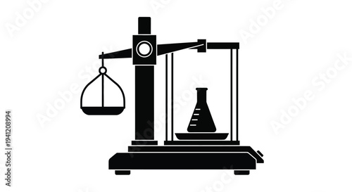 Simple black and white illustration of a balance scale with a flask