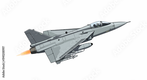 A fighter jet soars through the air with flames from its afterburner