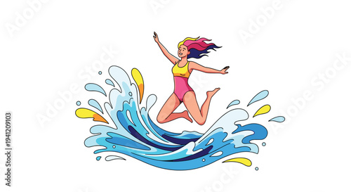 An ecstatic cartoon woman with vibrant multi-colored hair and a pink swimsuit joyfully leaps out of a dynamic blue water splash, Generative AI.