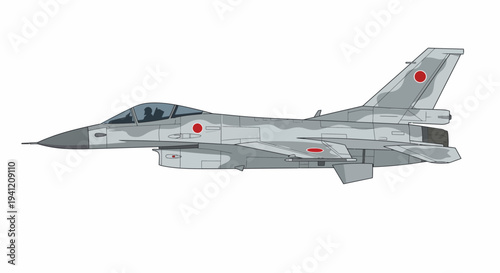 A gray fighter jet with red markings flies through the air.