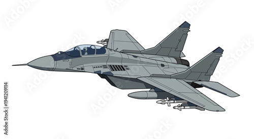 A gray military fighter jet soars through the clear blue sky.