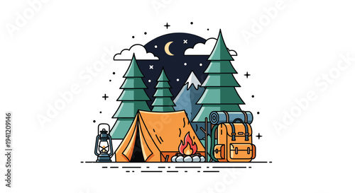 A serene night camping scene shows an orange tent a campfire a lantern and a backpack nestled among pine trees and mountains under a crescent moon, Generative AI.