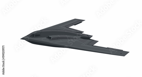 A sleek stealth bomber flies through clear skies with sharp angles.