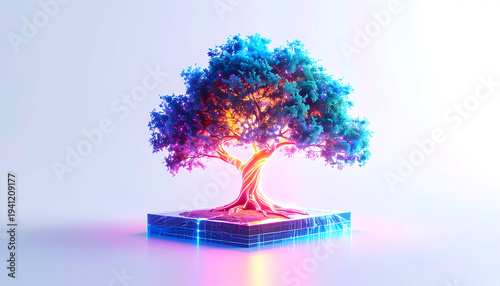 Glowing fantasy tree on digital platform with vibrant blue and pink leaves