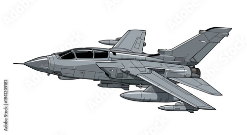 Military fighter jet soars through clear blue sky with missiles attached