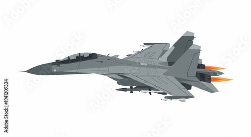 A fighter jet soars through the sky with flames coming out of its engines