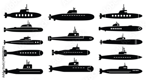 Collection of black silhouettes depicting various submarine designs and models