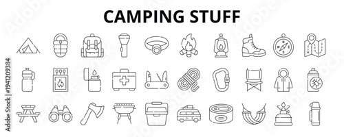 30 Camping Stuff Line Banner Web Icon Set Vector Illustration