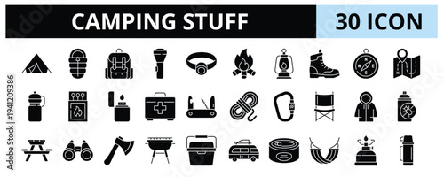 30 Camping Stuff Glyph Banner Web Icon Set Vector Illustration