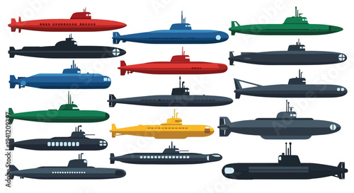 Collection of colorful cartoon submarines in various styles and sizes