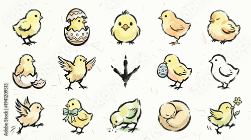 A charming collection of hand-drawn illustrations featuring adorable baby chicks in various playful poses and Easter-themed elements.