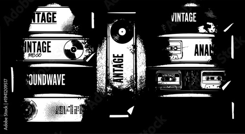 Speakers vintage set with cassette players and vinyl records featuring retro, audio equipment, music with grunge and