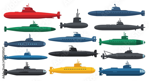 Collection of colorful submarines in a flat illustrative style