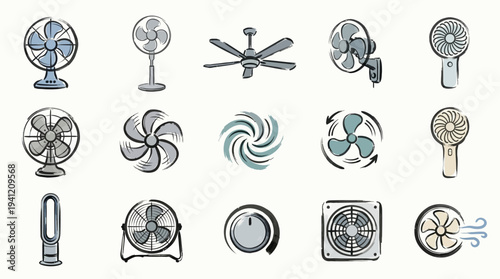 A diverse collection of fan illustrations, showcasing various types from oscillating floor fans to ceiling fans and personal handheld devices.