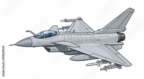 A gray fighter jet flies with missiles attached to its wings and fuselage.