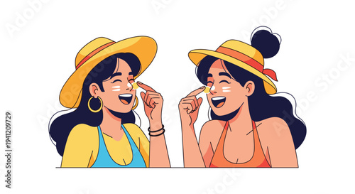 Two cheerful young women in sun hats are playfully applying sunscreen to their noses against a clean white background, Generative AI.