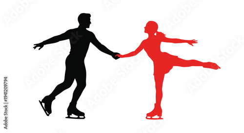 Silhouetted ice skaters a man and a woman in a dynamic pose