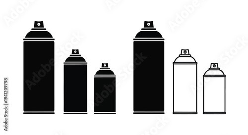 Black and white illustration depicting various sizes of spray paint cans