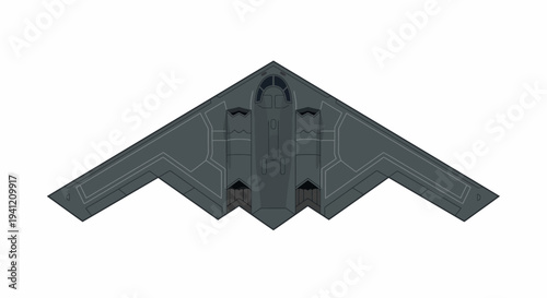 A stealth aircraft is viewed from directly above showing its unique flying wing design