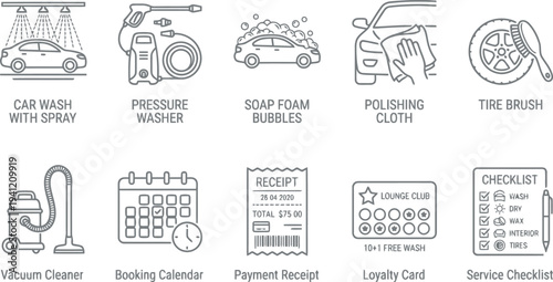 Car wash and service icons, symbols for auto maintenance and repair