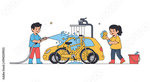 A boy and a girl are diligently washing a yellow car and a bicycle together with a hose and sponge on a plain white background, Generative AI.