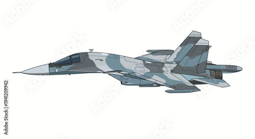 Military aircraft in flight showcasing advanced technology and camouflage design viewed from the side