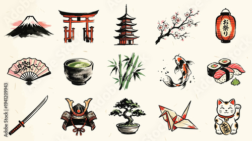A collection of traditional Japanese cultural symbols and icons, including Mount Fuji, torii gate, cherry blossoms, sushi, samurai armor, and bonsai, rendered in a watercolor style.
