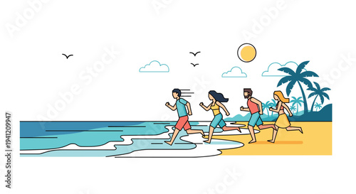 A diverse group of four people runs joyfully along a sandy beach with ocean waves palm trees and a bright sun, Generative AI.
