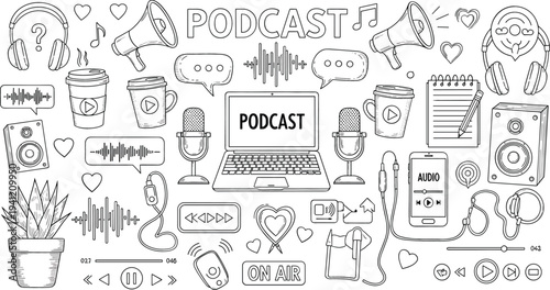 Podcast Doodle Vector Set with Microphones, Headphones, Laptop, Megaphone, Audio Waveforms and Broadcasting Elements