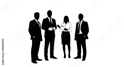 People business silhouettes with suits and formal attire standing together in conversation featuring men, women,
