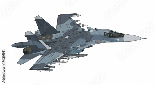 A military fighter jet flies through the air with missiles attached underneath