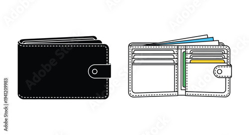 Two views of a black and white bifold wallet closed and open
