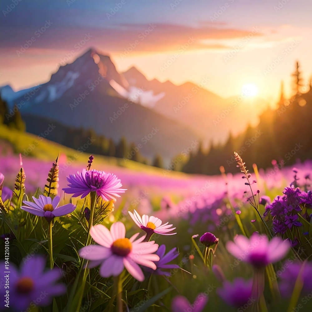 Fototapeta premium A serene mountain landscape with vibrant purple flowers at sunset