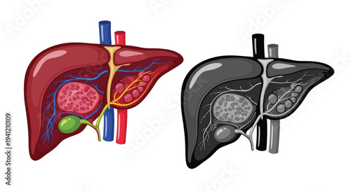 Anatomical illustration of a healthy and diseased human liver