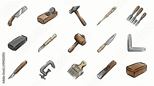 A collection of various hand tools, including knives, hammers, chisels, clamps, and brushes, arranged in a grid.