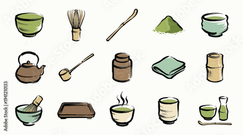 A collection of traditional Japanese matcha tea ceremony utensils and ingredients, illustrated in a simple, hand-drawn style.