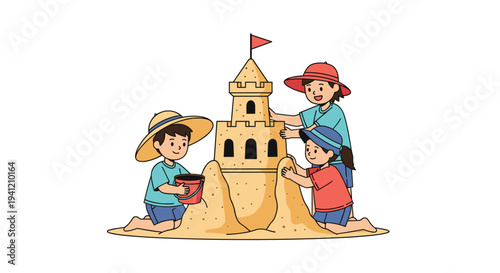Three cheerful children two boys and one girl all wearing hats are actively building a tall multi-tiered sandcastle on a sandy beach, Generative AI.