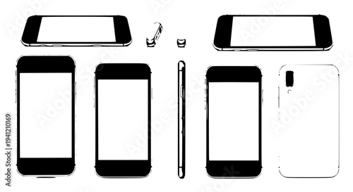 Phones set with various models and components in black and white featuring smartphones, mobile devices, technology with