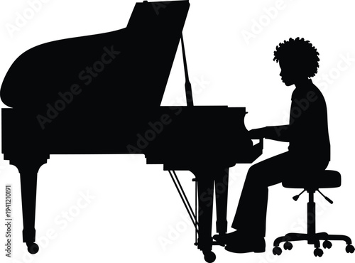 Silhouette of pianist playing grand piano on stool, classical music performance vector illustration, musician practice art design, flavector