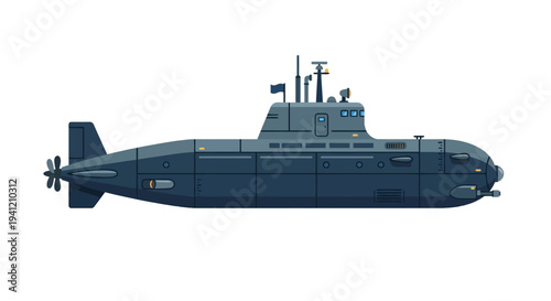 A navy submarine sailing through the ocean, viewed from the side, with its propeller and conning tower visible.