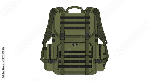 A detailed illustration of a tactical backpack with multiple pockets and straps viewed from the front