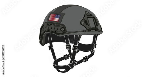 Military helmet with American flag emblem illustration on plain background
