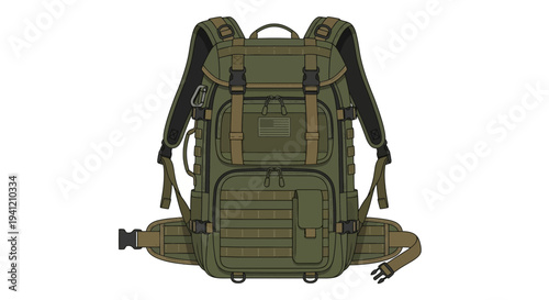 A detailed green tactical backpack with multiple pouches and straps viewed from the back on a plain background