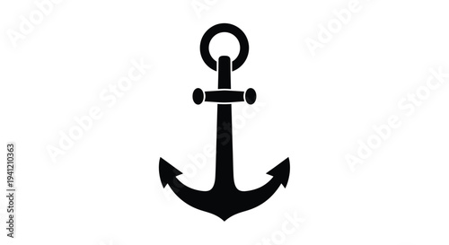 A simple black silhouette of a classic maritime anchor on a white background