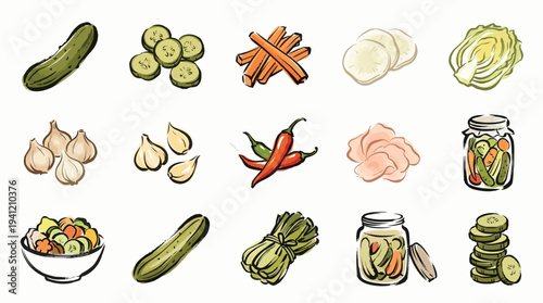 An assortment of fresh and pickled vegetables including cucumbers, carrots, cabbage, garlic, and chili peppers, illustrating ingredients for fermentation.