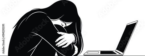 Silhouette stressed worker with laptop, fatigue, emotional overwhelm, workplace burnout, technology pressure, mental health concept illustration – flavector